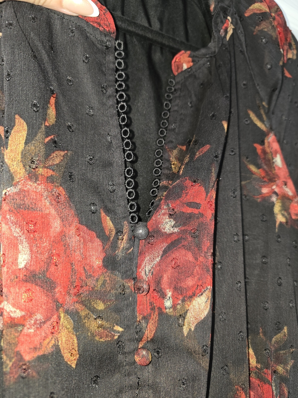 FRYE AND CO. Black Dress with Red Floral Print Size Medium - Picture 3 of 11